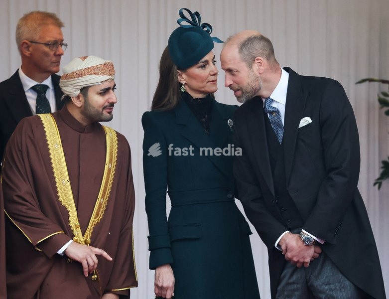 Britain's William Prince of Wales talks with Crown Prince of Oman, Sayyid Theyazin bin Haitham Al Said next to Kate, Princess of Wales, at a welcome ceremony for Oman's Sultan Haitham bin Tariq on the Royal Dais at Datchet Road during the Sultan's state visit to Britain, in Windsor, Britain,…