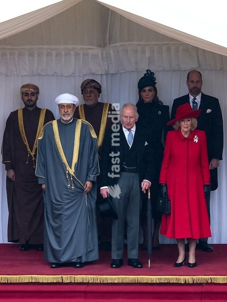 WINDSOR, ENGLAND - OCTOBER 20: (L-R) H.H. Sayyid Theyazin bin Haitham Al Said Deputy Prime Minister for Economic Affairs, The Sultan of Oman Haitham bin Tariq Al Said, H.H. Sayyid Shihab bin Tariq Al Said, Deputy Prime Minister for Defence Affairs, King Charles III, Catherine, Princess of Wales,…