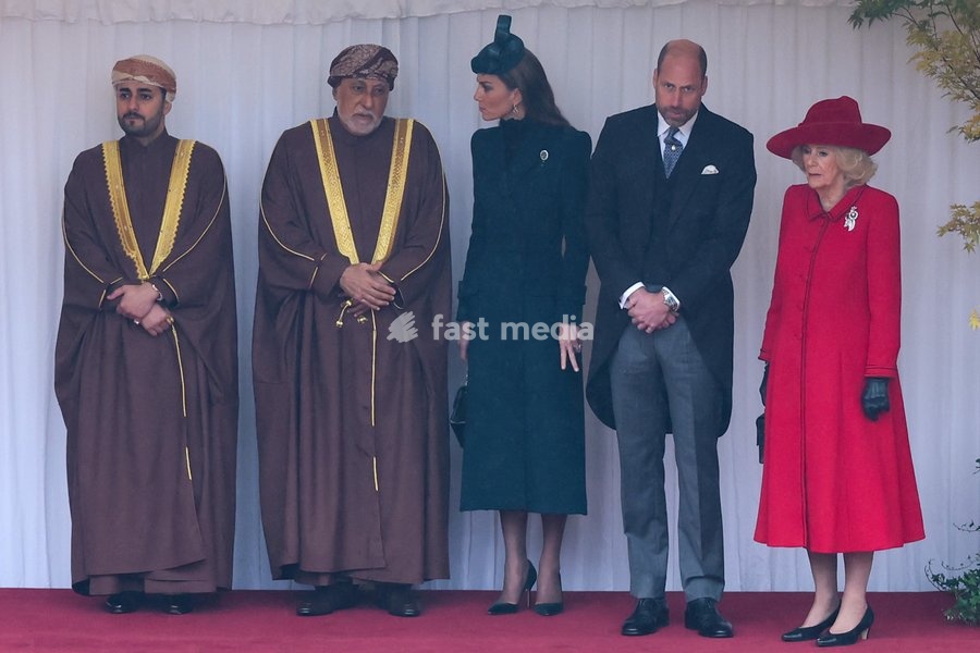 WINDSOR, ENGLAND - OCTOBER 20: (L-R) H.H. Sayyid Theyazin bin Haitham Al Said Deputy Prime Minister for Economic Affairs, H.H. Sayyid Shihab bin Tariq Al Said, Deputy Prime Minister for Defence Affairs, Catherine, Princess of Wales, Prince William, Prince of Wales and Queen Camilla in the…