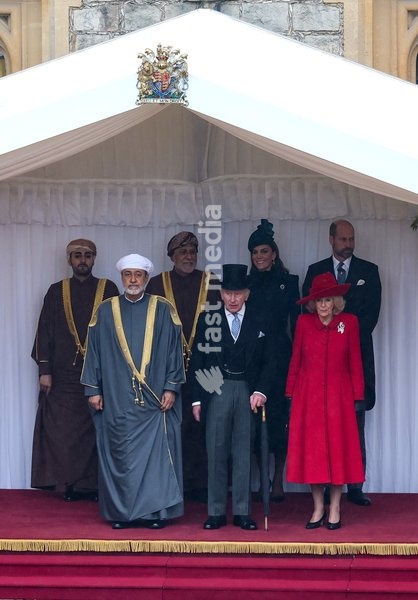 WINDSOR, ENGLAND - OCTOBER 20: (L-R) H.H. Sayyid Theyazin bin Haitham Al Said Deputy Prime Minister for Economic Affairs, The Sultan of Oman Haitham bin Tariq Al Said, H.H. Sayyid Shihab bin Tariq Al Said, Deputy Prime Minister for Defence Affairs, King Charles III, Catherine, Princess of Wales,…