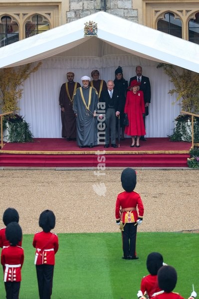 WINDSOR, ENGLAND - OCTOBER 20: (L-R) H.H. Sayyid Theyazin bin Haitham Al Said Deputy Prime Minister for Economic Affairs, The Sultan of Oman Haitham bin Tariq Al Said, H.H. Sayyid Shihab bin Tariq Al Said, Deputy Prime Minister for Defence Affairs, King Charles III, Catherine, Princess of Wales,…