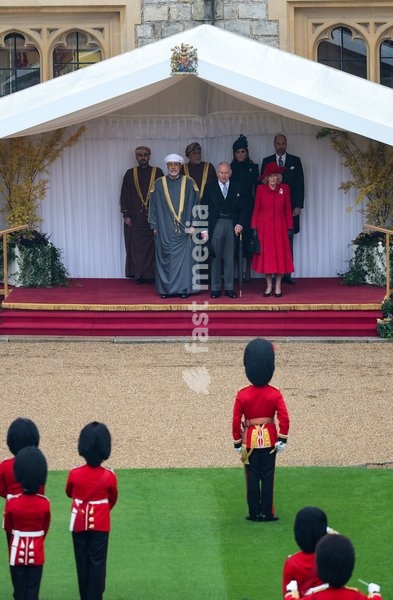 WINDSOR, ENGLAND - OCTOBER 20: (L-R) H.H. Sayyid Theyazin bin Haitham Al Said Deputy Prime Minister for Economic Affairs, The Sultan of Oman Haitham bin Tariq Al Said, H.H. Sayyid Shihab bin Tariq Al Said, Deputy Prime Minister for Defence Affairs, King Charles III, Catherine, Princess of Wales,…
