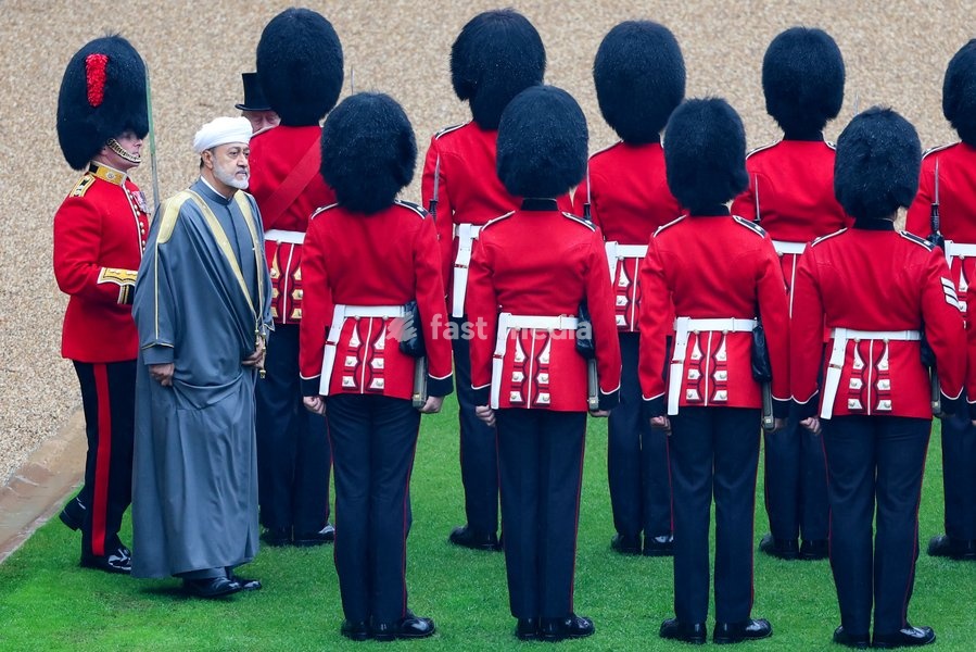 WINDSOR, ENGLAND - OCTOBER 20: The Sultan of Oman inspects the Guard of Honour in Quadrangle of Windsor Castle during the State Visit of the Sultan Of Oman to the UK on October 20, 2026 in Windsor, England. Sultan Haitham bin Tarik, Sultan of Oman, is on a three-day State Visit to the UK