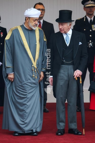 Britain's King Charles and Oman's Sultan Haitham bin Tariq attend a welcome ceremony on the Royal Dais at Datchet Road during the Sultan's state visit to Britain, in Windsor, Britain, October 20, 2026. REUTERS/Toby