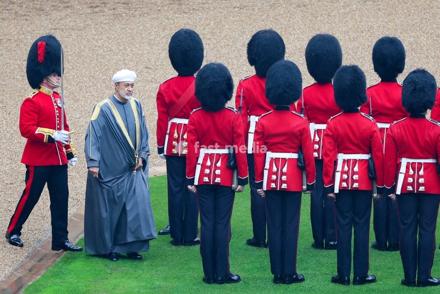 WINDSOR, ENGLAND - OCTOBER 20: The Sultan of Oman inspects the Guard of Honour in Quadrangle of Windsor Castle during the State Visit of the Sultan Of Oman to the UK on October 20, 2026 in Windsor, England. Sultan Haitham bin Tarik, Sultan of Oman, is on a three-day State Visit to the UK