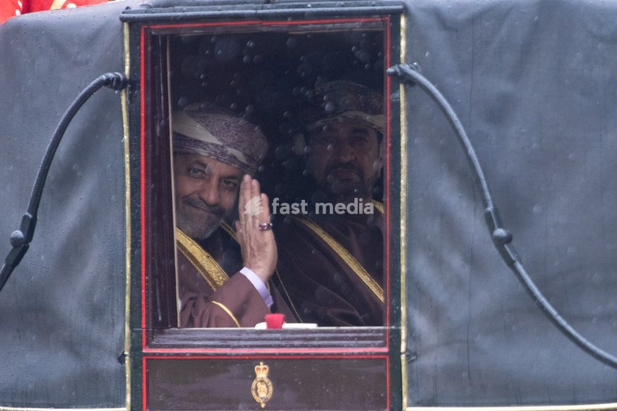 (L-R) - His Excellency Anwar Hilal Al Jabri - Minister of Commerce and His Excellency - Dr Haamed Said Al Oufi and Sayyid Saud bin Hilal bin Hamad Al Busaidi - Minister of Culture, Sports and Youth arrive at Windsor Castle for the Ceremonial Welcome for the State Visit of The Sultan of Oman in…
