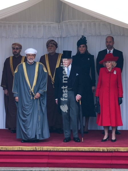 WINDSOR, ENGLAND - OCTOBER 20: (L-R) H.H. Sayyid Theyazin bin Haitham Al Said Deputy Prime Minister for Economic Affairs, The Sultan of Oman Haitham bin Tariq Al Said, H.H. Sayyid Shihab bin Tariq Al Said, Deputy Prime Minister for Defence Affairs, King Charles III, Catherine, Princess of Wales,…