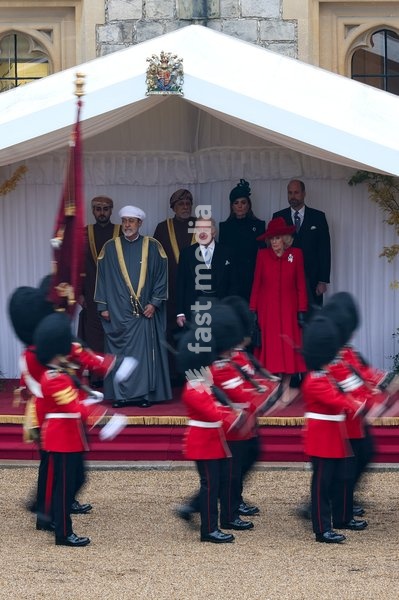 WINDSOR, ENGLAND - OCTOBER 20: The Guard of Honour march past (L-R) H.H. Sayyid Theyazin bin Haitham Al Said Deputy Prime Minister for Economic Affairs, The Sultan of Oman Haitham bin Tariq Al Said, H.H. Sayyid Shihab bin Tariq Al Said, Deputy Prime Minister for Defence Affairs, King Charles III,…