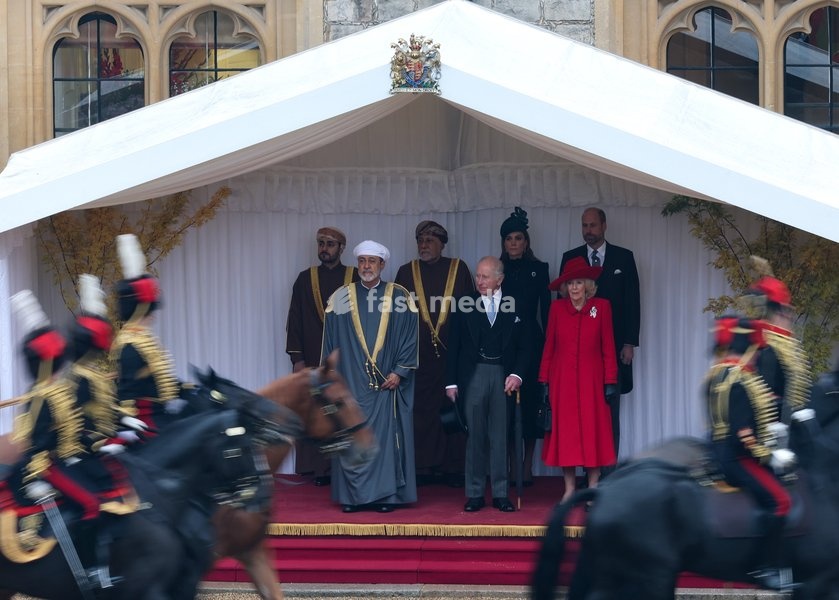 WINDSOR, ENGLAND - OCTOBER 20: The King’s Troop Royal Horse Artillery ride past (L-R) H.H. Sayyid Theyazin bin Haitham Al Said Deputy Prime Minister for Economic Affairs, The Sultan of Oman Haitham bin Tariq Al Said, H.H. Sayyid Shihab bin Tariq Al Said, Deputy Prime Minister for Defence Affairs,…