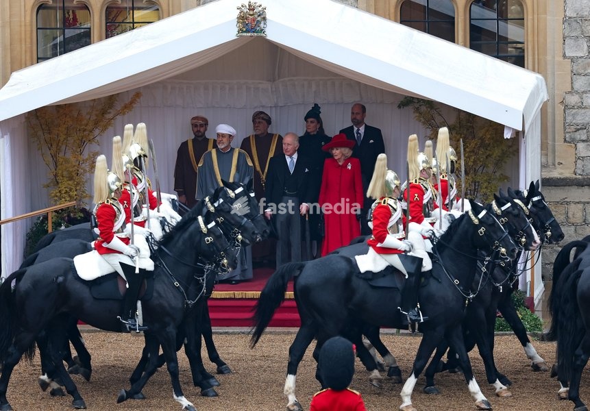 WINDSOR, ENGLAND - OCTOBER 20: The Sovereign’s Escort Rank ride past (L-R) H.H. Sayyid Theyazin bin Haitham Al Said Deputy Prime Minister for Economic Affairs, The Sultan of Oman Haitham bin Tariq Al Said, H.H. Sayyid Shihab bin Tariq Al Said, Deputy Prime Minister for Defence Affairs, King Charles…