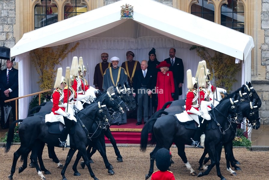 WINDSOR, ENGLAND - OCTOBER 20: The Sovereign’s Escort Rank ride past (L-R) H.H. Sayyid Theyazin bin Haitham Al Said Deputy Prime Minister for Economic Affairs, The Sultan of Oman Haitham bin Tariq Al Said, H.H. Sayyid Shihab bin Tariq Al Said, Deputy Prime Minister for Defence Affairs, King Charles…