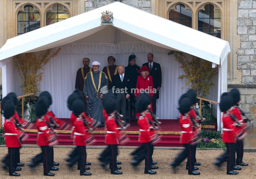 WINDSOR, ENGLAND - OCTOBER 20: The Guard of Honour march past (L-R) H.H. Sayyid Theyazin bin Haitham Al Said Deputy Prime Minister for Economic Affairs, The Sultan of Oman Haitham bin Tariq Al Said, H.H. Sayyid Shihab bin Tariq Al Said, Deputy Prime Minister for Defence Affairs, King Charles III,…