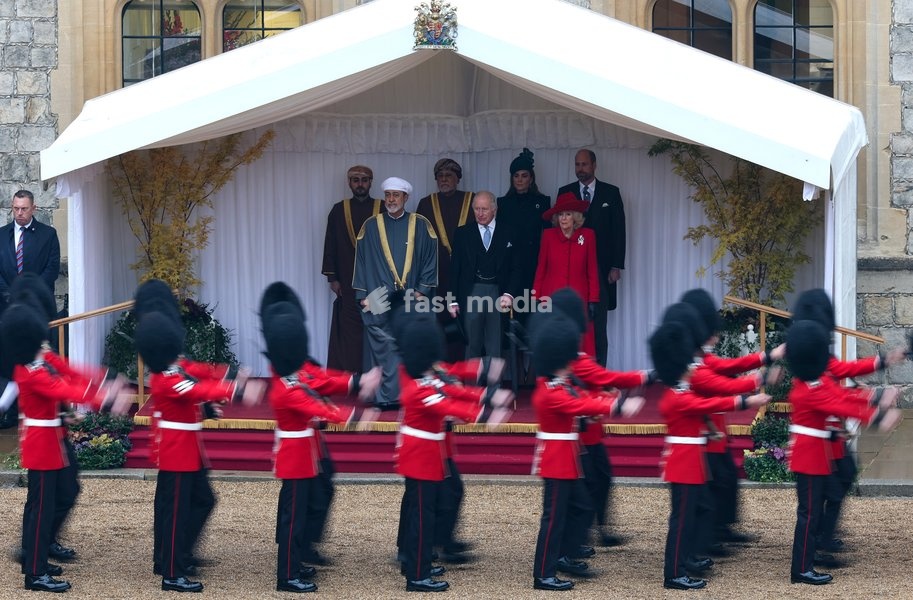 WINDSOR, ENGLAND - OCTOBER 20: The Guard of Honour march past (L-R) H.H. Sayyid Theyazin bin Haitham Al Said Deputy Prime Minister for Economic Affairs, The Sultan of Oman Haitham bin Tariq Al Said, H.H. Sayyid Shihab bin Tariq Al Said, Deputy Prime Minister for Defence Affairs, King Charles III,…