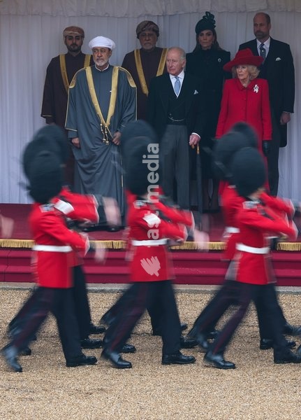 WINDSOR, ENGLAND - OCTOBER 20: The Guard of Honour march past (L-R) H.H. Sayyid Theyazin bin Haitham Al Said Deputy Prime Minister for Economic Affairs, The Sultan of Oman Haitham bin Tariq Al Said, H.H. Sayyid Shihab bin Tariq Al Said, Deputy Prime Minister for Defence Affairs, King Charles III,…