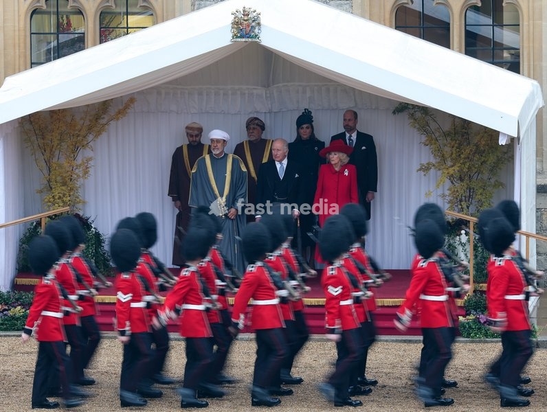 WINDSOR, ENGLAND - OCTOBER 20: The Guard of Honour march past (L-R) H.H. Sayyid Theyazin bin Haitham Al Said Deputy Prime Minister for Economic Affairs, The Sultan of Oman Haitham bin Tariq Al Said, H.H. Sayyid Shihab bin Tariq Al Said, Deputy Prime Minister for Defence Affairs, King Charles III,…