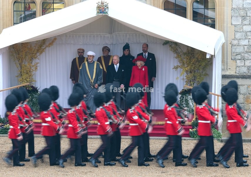 WINDSOR, ENGLAND - OCTOBER 20: The Guard of Honour march past (L-R) H.H. Sayyid Theyazin bin Haitham Al Said Deputy Prime Minister for Economic Affairs, The Sultan of Oman Haitham bin Tariq Al Said, H.H. Sayyid Shihab bin Tariq Al Said, Deputy Prime Minister for Defence Affairs, King Charles III,…