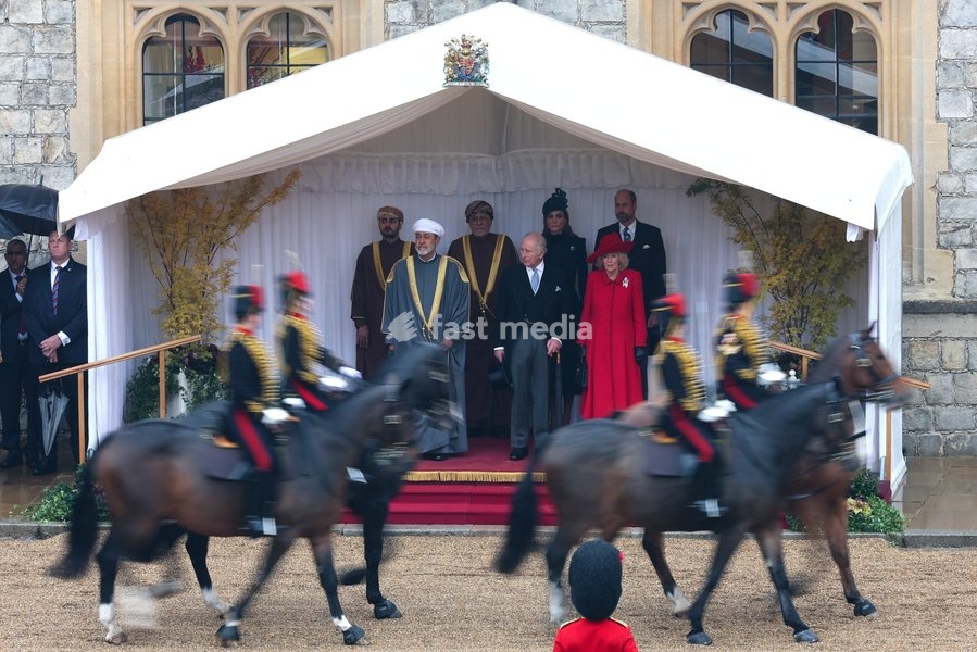 WINDSOR, ENGLAND - OCTOBER 20: The King’s Troop Royal Horse Artillery ride past (L-R) H.H. Sayyid Theyazin bin Haitham Al Said Deputy Prime Minister for Economic Affairs, The Sultan of Oman Haitham bin Tariq Al Said, H.H. Sayyid Shihab bin Tariq Al Said, Deputy Prime Minister for Defence Affairs,…