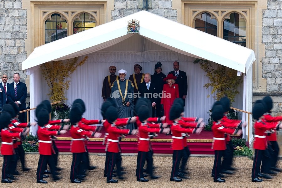 WINDSOR, ENGLAND - OCTOBER 20: The Guard of Honour march past (L-R) H.H. Sayyid Theyazin bin Haitham Al Said Deputy Prime Minister for Economic Affairs, The Sultan of Oman Haitham bin Tariq Al Said, H.H. Sayyid Shihab bin Tariq Al Said, Deputy Prime Minister for Defence Affairs, King Charles III,…
