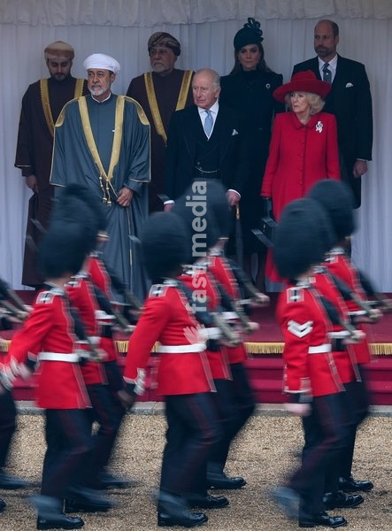 WINDSOR, ENGLAND - OCTOBER 20: The Guard of Honour march past (L-R) H.H. Sayyid Theyazin bin Haitham Al Said Deputy Prime Minister for Economic Affairs, The Sultan of Oman Haitham bin Tariq Al Said, H.H. Sayyid Shihab bin Tariq Al Said, Deputy Prime Minister for Defence Affairs, King Charles III,…