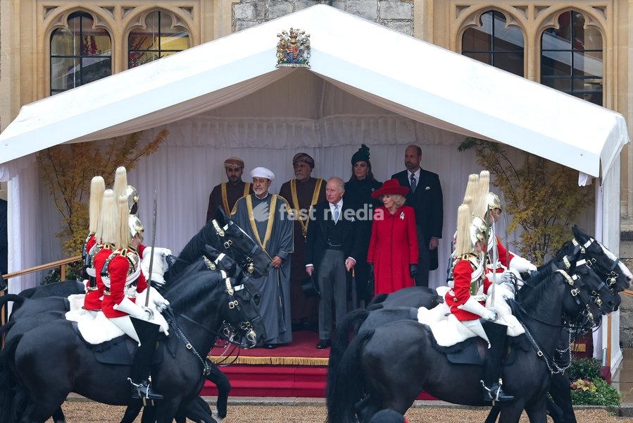 WINDSOR, ENGLAND - OCTOBER 20: The Sovereign’s Escort Rank ride past (L-R) H.H. Sayyid Theyazin bin Haitham Al Said Deputy Prime Minister for Economic Affairs, The Sultan of Oman Haitham bin Tariq Al Said, H.H. Sayyid Shihab bin Tariq Al Said, Deputy Prime Minister for Defence Affairs, King Charles…