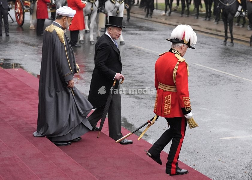 King Charles III and the Sultan of Oman, Sultan Haitham bin Tarik al Said, at Datchet Road in Windsor, Berkshire, at the start of his state visit to the UK. Picture date: Tuesday October 20, 2026