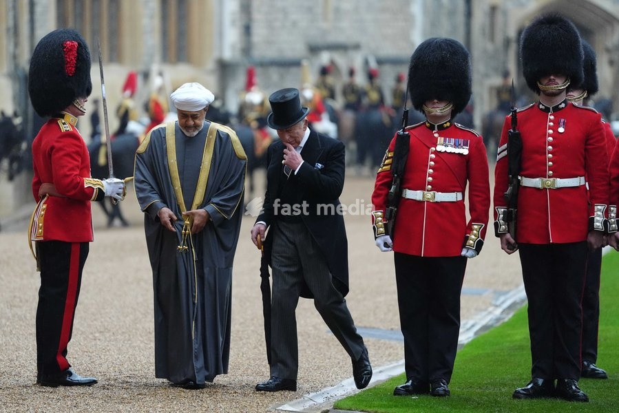 King Charles III and Sultan of Oman, Sultan Haitham bin Tarik al Said (left) during the ceremonial welcome at Windsor Castle, Berkshire, during his state visit to the UK. Picture date: Tuesday October 20, 2026. PA Photo