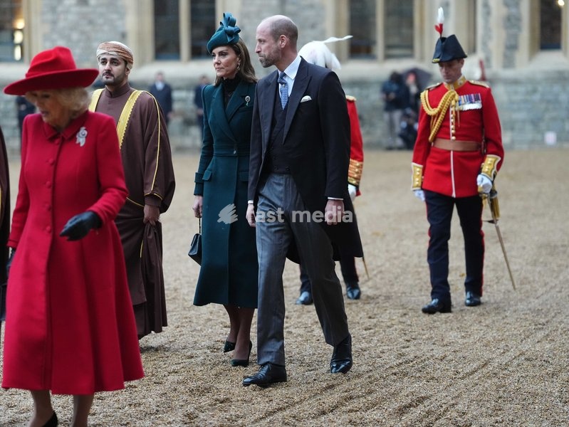 (left to right) Queen Camilla, H.H. Sayyid Theyazin bin Haitham Al Said, Deputy Prime Minister for Economic Affairs, The Princess and Prince of Wales at Windsor Castle, Berkshire, during the state visit of the Sultan of Oman, Sultan Haitham bin Tarik al Said, to the UK. Picture date: Tuesday…