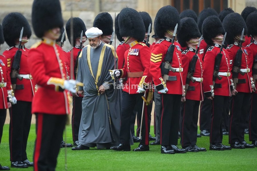 Sultan of Oman, Sultan Haitham bin Tarik al Said (left) during the ceremonial welcome at Windsor Castle, Berkshire, during his state visit to the UK. Picture date: Tuesday October 20, 2026. PA Photo