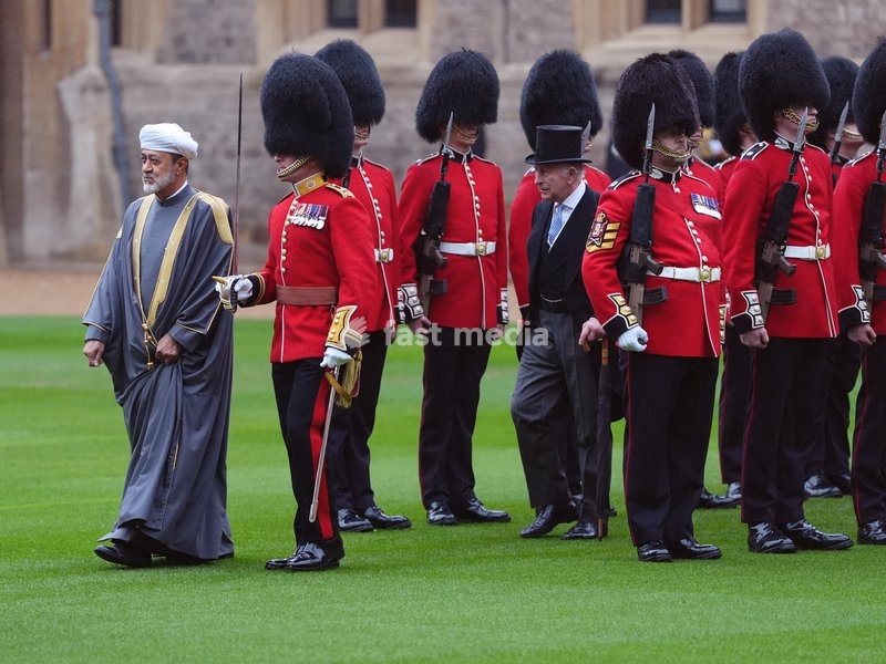 King Charles III and Sultan of Oman, Sultan Haitham bin Tarik al Said (left) during the ceremonial welcome at Windsor Castle, Berkshire, during his state visit to the UK. Picture date: Tuesday October 20, 2026. PA Photo