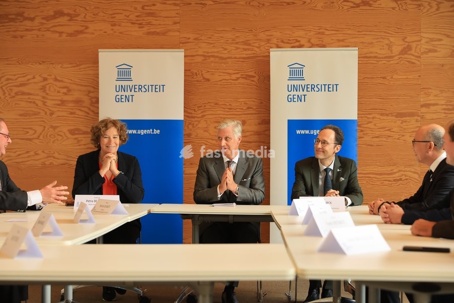 UGent Rector Petra De Sutter (CL) and King Philippe - Filip of Belgium (C) are pictured during a visit to IGent, a research building at the UGent University where scientists and companies collaborate to develop innovative technologies, on Tuesday 20 October 2026, in Gent