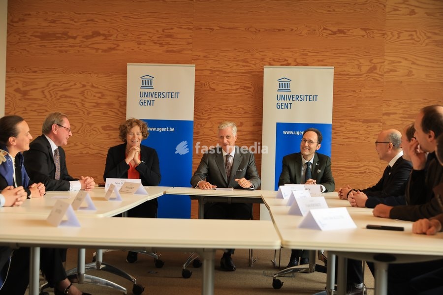 UGent Rector Petra De Sutter (CL) and King Philippe - Filip of Belgium (C) are pictured during a visit to IGent, a research building at the UGent University where scientists and companies collaborate to develop innovative technologies, on Tuesday 20 October 2026, in Gent