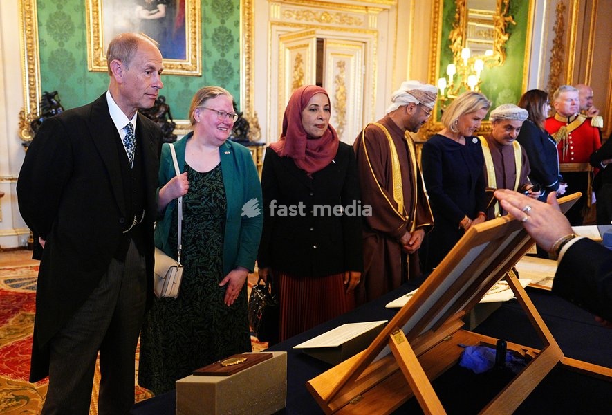 The Duke of Edinburgh (left) with members of the Oman delegation viewing a display of items from the Royal Collection in the Green Drawing Room at Windsor Castle, Berkshire, during the Sultan of Oman, Sultan Haitham bin Tarik al Said's state visit to the UK. Picture date: Tuesday October 20, 2026.…