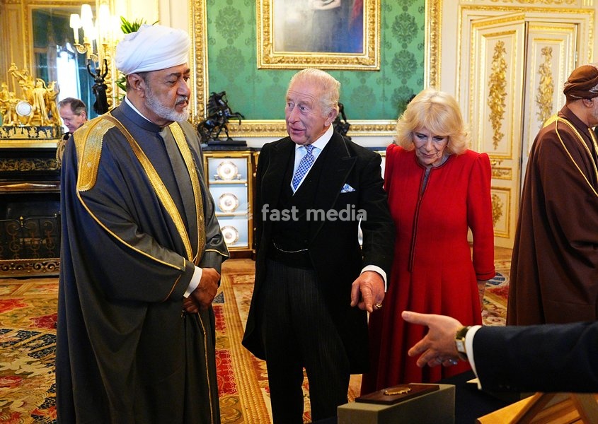 The Sultan of Oman, Sultan Haitham bin Tarik al Said (left) with King Charles III and Queen Camilla viewing a display of items from the Royal Collection in the Green Drawing Room at Windsor Castle, Berkshire, during his state visit to the UK. Picture date: Tuesday October 20, 2026. PA Photo