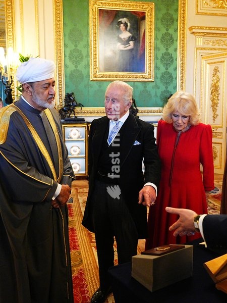 The Sultan of Oman, Sultan Haitham bin Tarik al Said (left) with King Charles III and Queen Camilla viewing a display of items from the Royal Collection in the Green Drawing Room at Windsor Castle, Berkshire, during his state visit to the UK. Picture date: Tuesday October 20, 2026. PA Photo