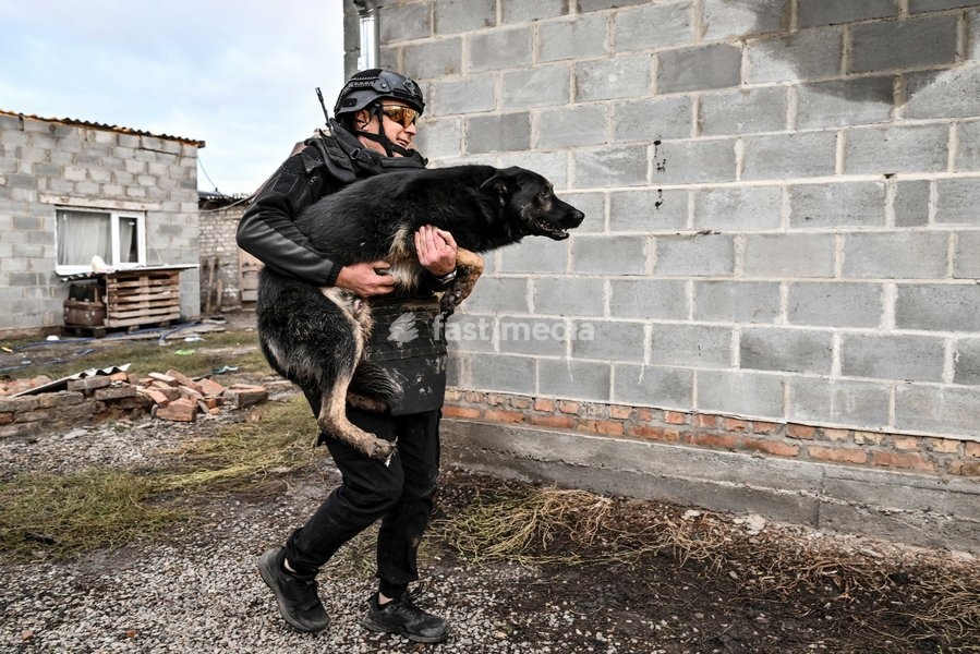 A volunteer carries a rescued dog to a minibus during a humanitarian evacuation mission in the front-line settlement of Komyshuvakha, Zaporizhzhia region, Ukraine, October 19, 2026