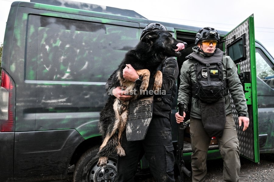 A volunteer holds a rescued dog near a minibus during a humanitarian evacuation mission in the front-line settlement of Komyshuvakha, Zaporizhzhia region, Ukraine, October 19, 2026