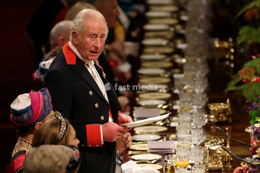 Britain's King Charles delivers a speech at the State Banquet at Windsor Castle during the state visit of Oman's Sultan Haitham bin Tariq to Britain, in Windsor, Britain, October 20, 2026