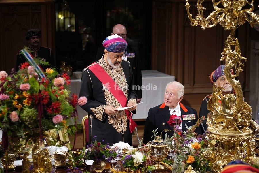 The Sultan of Oman, Sultan Haitham bin Tarik al Said (left) delivers a speech during the state banquet for the Sultan of Oman, Sultan Haitham bin Tarik al Said at Windsor Castle, Berkshire, on day one of his state visit to the UK. Picture date: Tuesday October 20, 2026