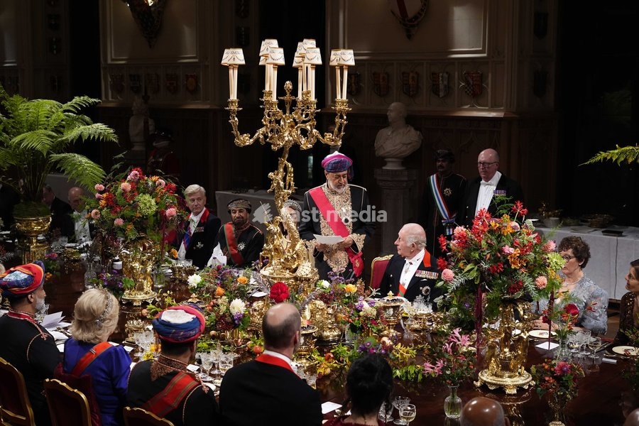 The Sultan of Oman, Sultan Haitham bin Tarik al Said (centre) delivers a speech during the state banquet for the Sultan of Oman, Sultan Haitham bin Tarik al Said at Windsor Castle, Berkshire, on day one of his state visit to the UK. Picture date: Tuesday October 20, 2026