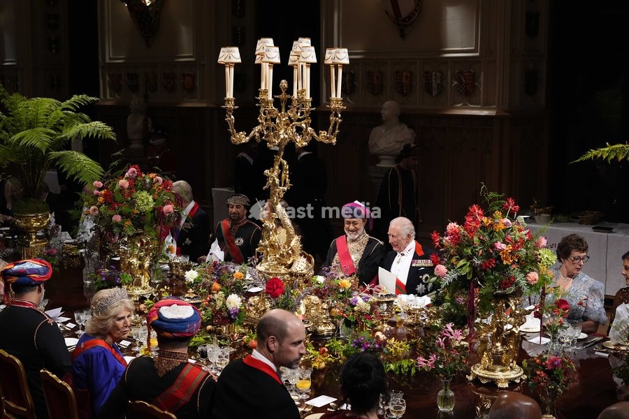 The Sultan of Oman, Sultan Haitham bin Tarik al Said (centre left) with King Charles III (centre right) during the state banquet for the Sultan of Oman, Sultan Haitham bin Tarik al Said at Windsor Castle, Berkshire, on day one of his state visit to the UK. Picture date: Tuesday October 20, 2026