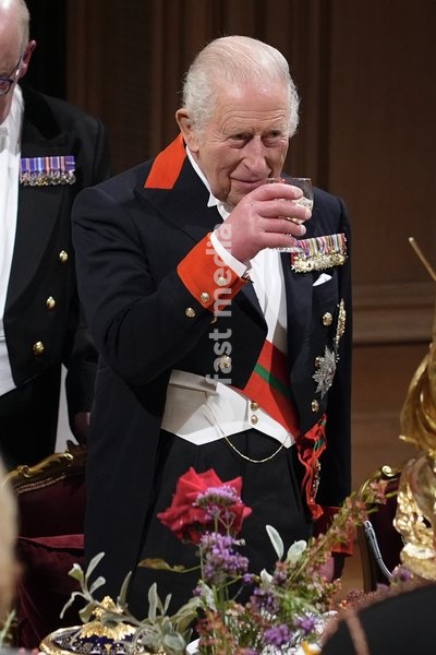King Charles III makes a toast during the state banquet for the Sultan of Oman, Sultan Haitham bin Tarik al Said at Windsor Castle, Berkshire, on day one of his state visit to the UK. Picture date: Tuesday October 20, 2026