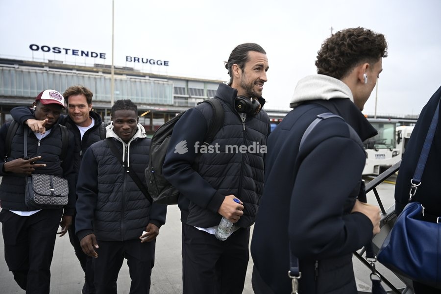 Gent's Christian Burgess pictured at the departure of Belgian soccer team KAA Gent, travelling from Oostende Airport to Porto, Portugal, on Wednesday 21 October 2026. Tomorrow the team will play Portuguese SC Braga in the second match of the UEFA Conference League league phase