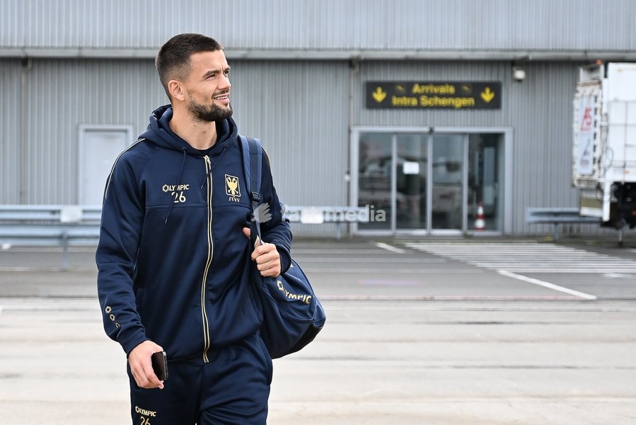 STVV's Visar Musliu pictured at the departure of Belgian soccer team Sint-Truidense VV, flying from Liege airport towards Denmark on Wednesday 21 October 2026. Tomorrow STVV will play Danish FC Midtjylland on the second day of the UEFA Conference League league phase