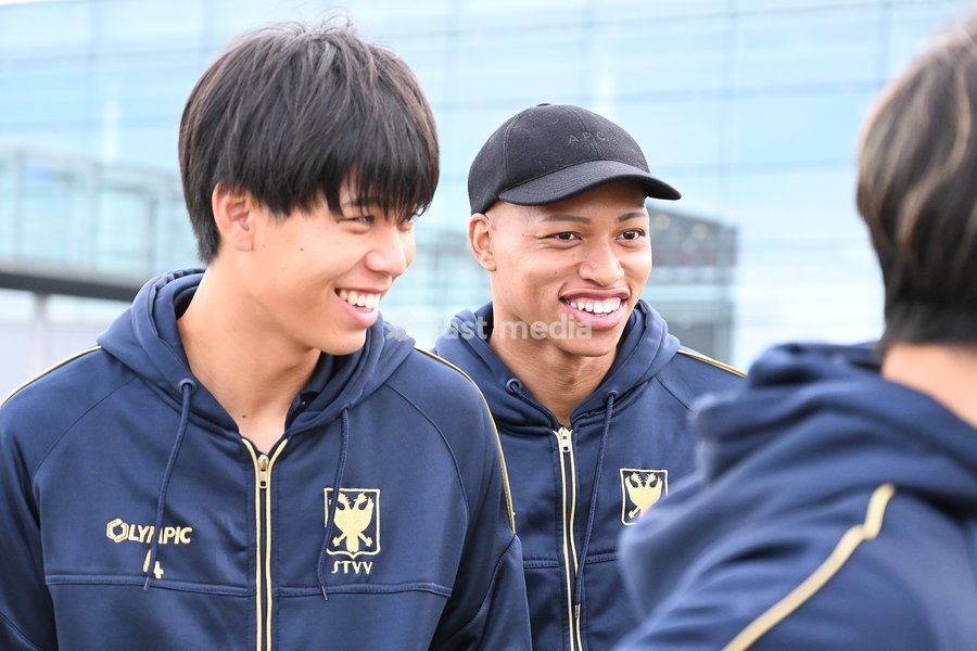 STVV's Kota Takai and STVV's goalkeeper Leo Kokubo pictured at the departure of Belgian soccer team Sint-Truidense VV, flying from Liege airport towards Denmark on Wednesday 21 October 2026. Tomorrow STVV will play Danish FC Midtjylland on the second day of the UEFA Conference League league phase