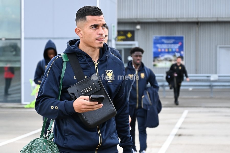 %items the departure of Belgian soccer team Sint-Truidense VV, flying from Liege airport towards Denmark on Wednesday 21 October 2026. Tomorrow STVV will play Danish FC Midtjylland on the second day of the UEFA Conference League league phase