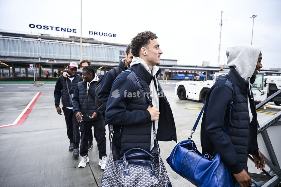 Mathias Delorge of KAA Gent and Michel-Ange Sumai Balikwisha of KAA Gent pictured at the departure of Belgian soccer team KAA Gent, travelling from Oostende Airport to Porto, Portugal, on Wednesday 21 October 2026. The team will play Tomorrow the second match of the UEFA Conference League league…