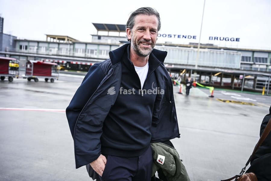Rik De Mil, head coach of KAA Gent pictured at the departure of Belgian soccer team KAA Gent, travelling from Oostende Airport to Porto, Portugal, on Wednesday 21 October 2026. The team will play Tomorrow the second match of the UEFA Conference League league phase against Portuguese SC Braga