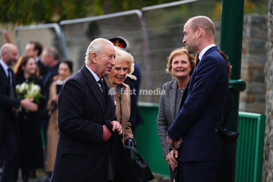(left to right) King Charles III, Queen Camilla and the Prince of Wales attend a commemoration event at Aberfan Memorial Garden, where survivors, bereaved parents and members of the community are paying tribute to the 144 people who lost their lives in the Aberfan disaster on October 21 1966.…
