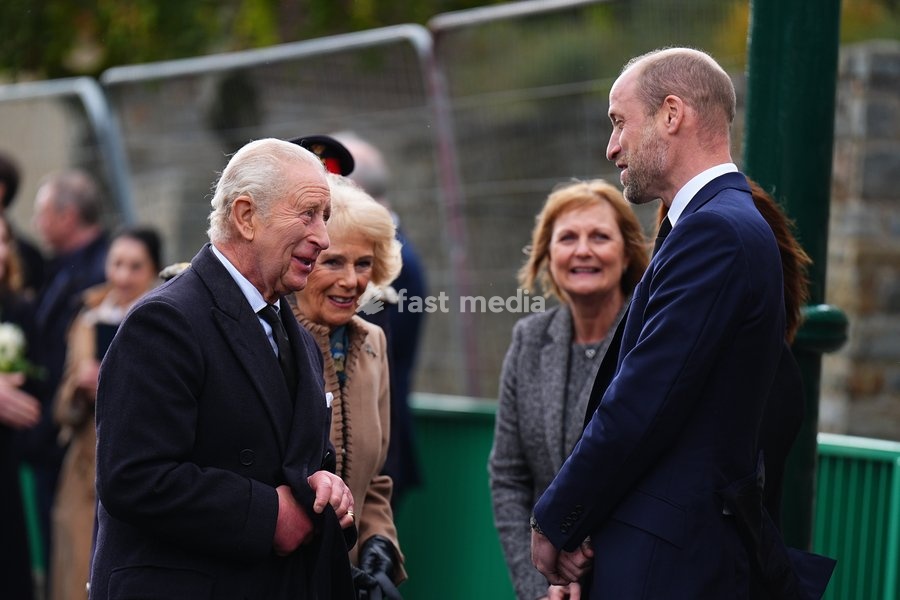 (left to right) King Charles III, Queen Camilla and the Prince of Wales attend a commemoration event at Aberfan Memorial Garden, where survivors, bereaved parents and members of the community are paying tribute to the 144 people who lost their lives in the Aberfan disaster on October 21 1966.…