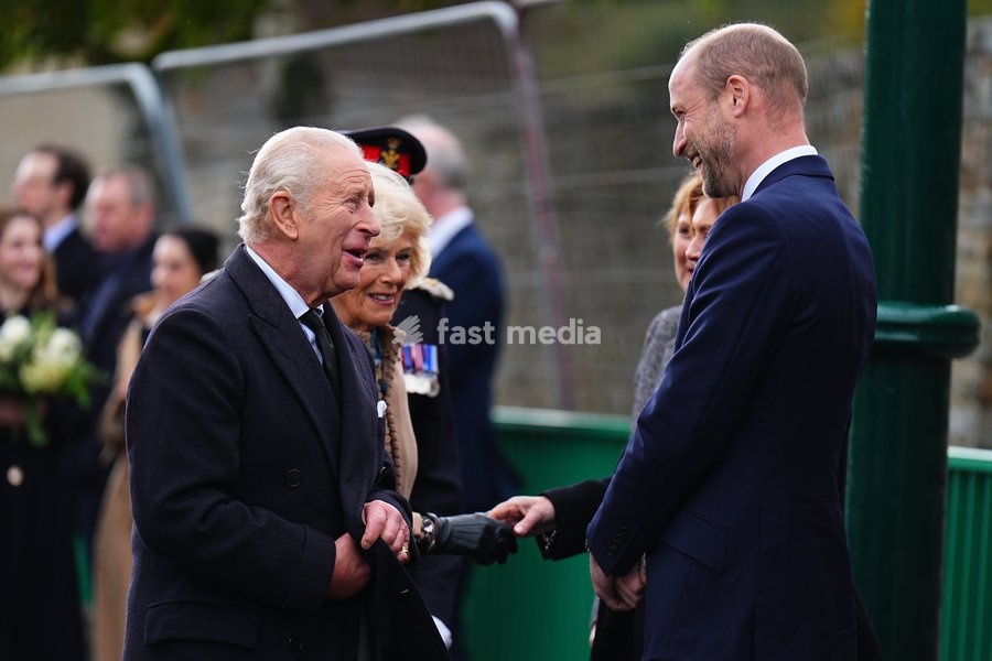 (left to right) King Charles III, Queen Camilla and the Prince of Wales attend a commemoration event at Aberfan Memorial Garden, where survivors, bereaved parents and members of the community are paying tribute to the 144 people who lost their lives in the Aberfan disaster on October 21 1966.…